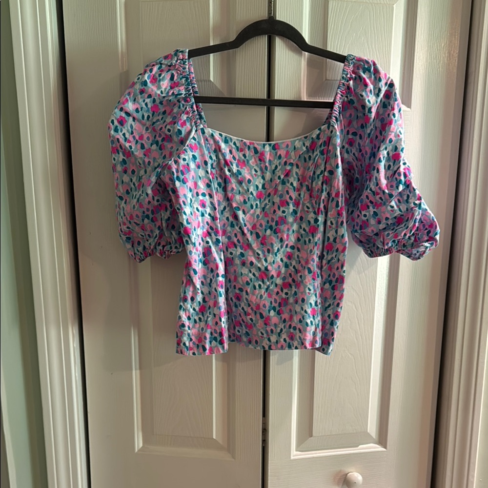 Lilly Pulitzer Pink and Purple Puff Sleeve Crop Blouse